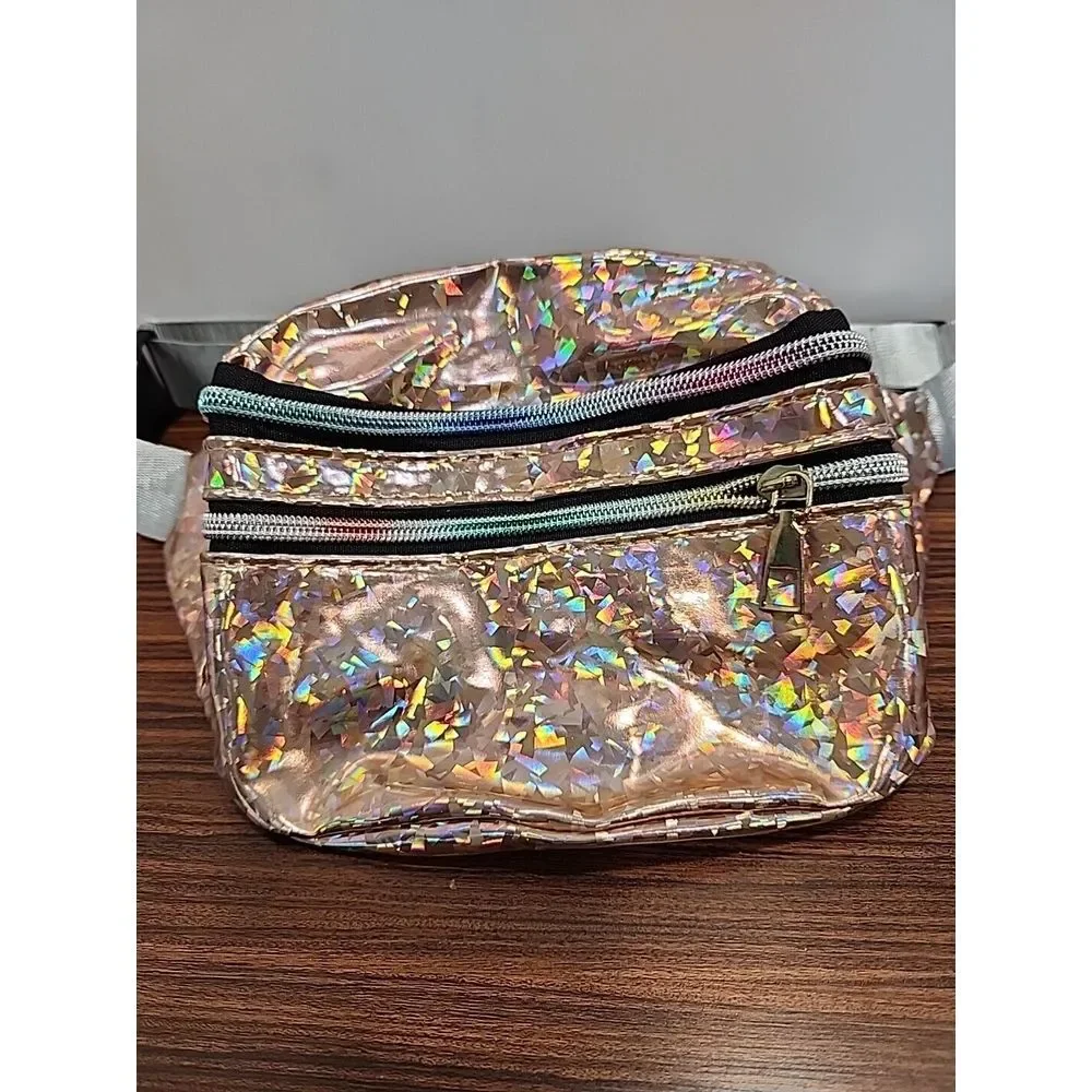 Unique Pink Holographic 80s 90s‎ Fanny Pack Rainbow Zippers Waist Metallic